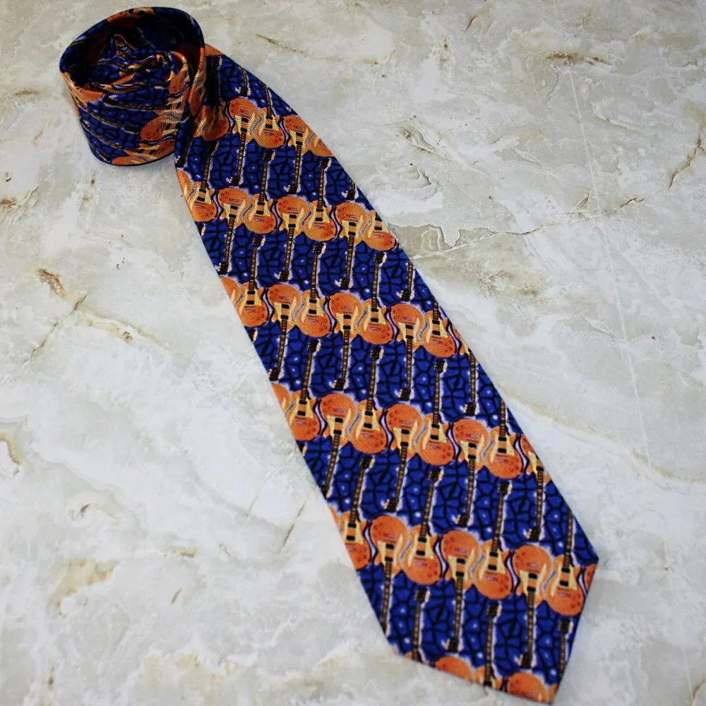 RALPH MARLIN Les Paul Guitar Neck Tie Musical Stripe Blue Silk Necktie